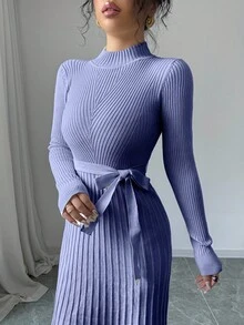Selianne 女士优雅纯色罗纹针织连衣裙，秋季 - 淺藍色 - 查看 6