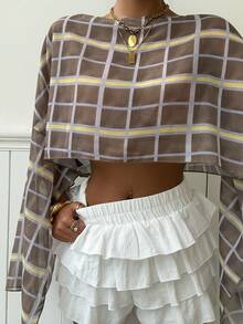 Muchica 船领长袖短款宽松雪纺印花梭织衬衫 - 彩色 - 查看 6