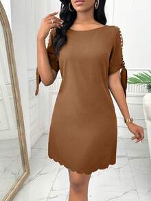 Elenzga Women's Simple Solid Color Faux Pearl Beaded Shell Hem Casual Dress, Summer - Brown - View 5