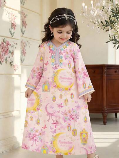 SHEIN Fairy Tale Pink Floral Baby Girl Jalabiya, Elegant Vintage Beaded Sequin Floral, Moon, Butterfly, Bouquet Print, Baby Girl Casual Traditional Long Sleeve Arabic Dress For Spring/Summer, Elegant Fashion Princess Long Sleeve Maxi Dress, Prayer Abaya, Easy Comfort, Casual Wear, Vacay Vibes, Modest Kaftan, Baby Girl Jalabiya, Baby Girl Jalabiya