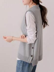 SHEIN LUNE 女士休闲日常通勤简约纯色侧扣叠层针织背心，秋冬款 - 灰色 - 查看 2