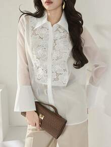 Modelyn Women's Solid Color Loose Long Flare Sleeve Elegant Lace Blouse - White - View 8