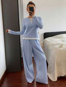 DAZY Bộ đồ mặc nhà 2 món dành cho nữ, gồm áo dệt kim có khóa kéo một phần và quần ống rộng, kiểu dáng thoải mái. - Màu xanh lam - Xem 5