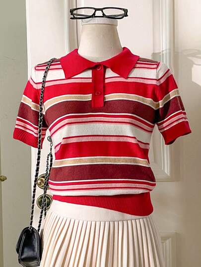 Muvela 2026 Spring/Summer New Burgundy Striped Polo Collar Half-Zip Short Sleeve Knit Top, Retro British Style For Commuting
