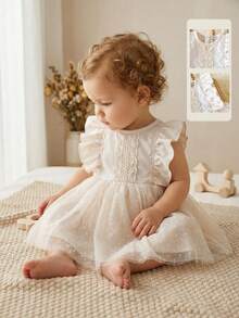 SHEIN 1pc Baby Girls Sleeveless Apricot Lace Trim Mesh Casual Dress, Cute Skirt Suitable For Spring/Summer Outings And Vacations - Apricot - View 9