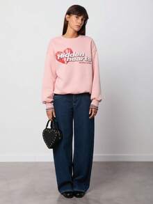 SURIMA 休闲简约印花圆领加厚宽松女式卫衣 - 淺粉色 - 查看 3