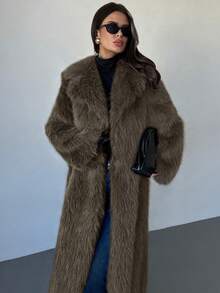 Firerie Thick Loose Oversized Faux Fur Collar Long Coat, Lined, Vintage Luxury Extra Long Jacket, Apricot Fuzzy Long Sleeve Outerwear, Apricot Faux Fur Coat, Suitable For Wedding, Party, Holiday, Spring/Autumn/Winter, Elegant, Commute, Date, Party, Graduation, Performance, Concert, Work Event - Coffee Brown - View 4
