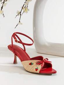 SHUZIA Women's Almond Toe Strawberry Prints Ankle Strap Raffia Heeled Sandals Valentine's Day - Multicolor - View 4