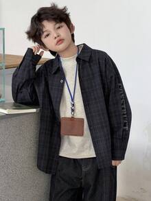 DAZY 男童休闲字母格子印花前开襟衬衫，秋季款