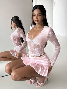 Aloruh Women's Elegant Sexy Romantic Lace Patchwork Tight Waist Top, Suitable For Valentine's Day, Dates, Outings, Gatherings, Spring/Summer - Pink - View 5