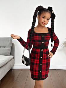 SHEIN 青少年女孩优雅时尚方领红色格子拼接长袖修身连衣裙，适合圣诞节、派对穿着 - 紅色和黑色 - 查看 3