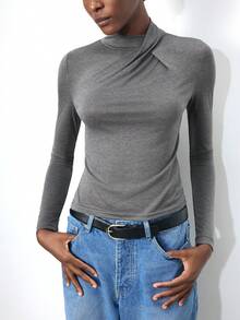 Maija Camiseta de manga larga ajustada con detalle de nudo en el frente, color gris, casual y cómoda para el estilo de vida urbano, adecuada para otoño/invierno y primavera para mujeres - Gris - Ver 6