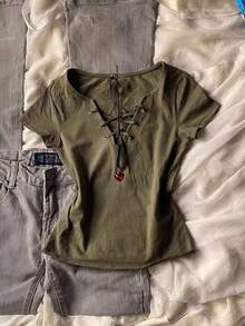 SHEIN Áo thun nữ tay ngắn màu trơn, kiểu dáng thường ngày, thắt nơ phía trước. - xanh quân đội - Xem 2