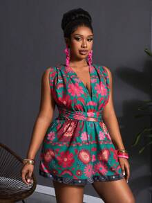 Veslaya 2026 早春新款加大码女装音乐节、复活节、西部风、游牧风、生日派对、度假、邮轮旅行印花无袖深V露背交叉连体裤 - 彩色 - 查看 4