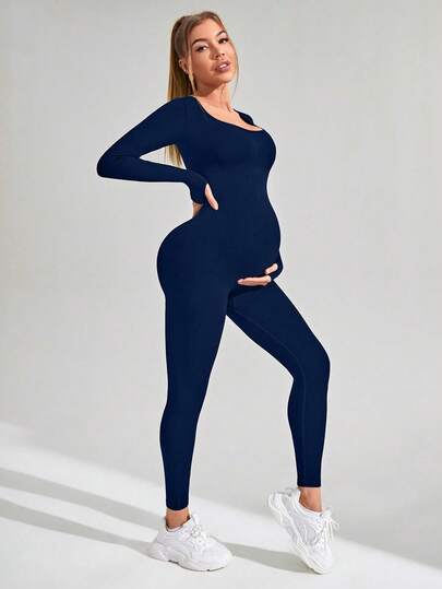 SHEIN Pregnant Women's Solid Color Elastic Thumb Hole Ribbed Jumpsuit Pregnancy Clothing
