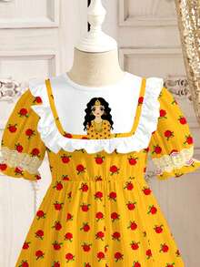 SHEIN 少女可爱卡通女孩图案，酒红色玫瑰印花，蕾丝印花，休闲连衣裙，适合春夏穿着，适合庆祝活动、节日和假期穿着。 - 彩色 - 查看 5