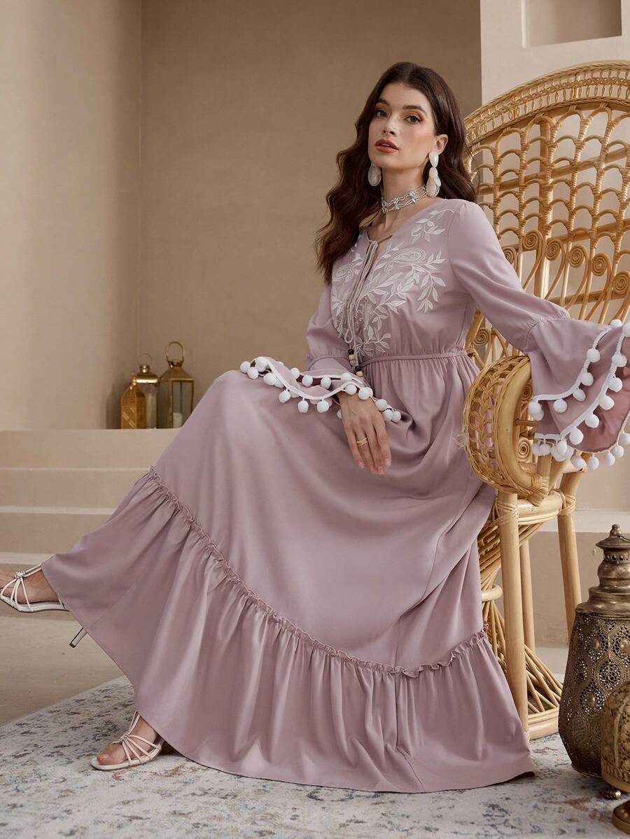 Al Najma Nuevo vestido acampanado con cuello en V bordado, cintura con flecos y efecto estilizante, estilo bohemio - Rosa - Ver 1