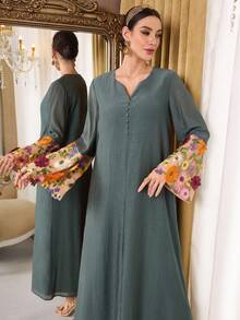 Al Najma Đầm thời trang nữ kiểu Ả Rập cổ chữ V tay áo phối bèo - màu xanh lá - Xem 3
