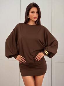 Aloruh Đầm dài tay hở lưng cánh dơi màu đỏ rượu vang trơn mới cho nữ mùa Thu/Đông, đầm Giáng sinh, đầm ngắn gợi cảm. - màu nâu - Xem 2