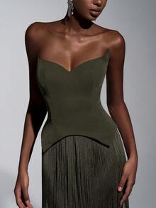 Elitara 优雅奢华性感针织亮片露肩猫领腰部流苏装饰修身连衣裙，适合晚宴、展览、商务活动等正式场合，女士晚礼服 - 軍綠色 - 查看 7