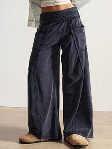 Bohemela 波西米亚风秋冬/春夏复古女式休闲纯色针织宽松阔腿水洗裤，西部乡村风格，适合音乐会、派对、海滩度假、日常穿着、返校、外出、派对、新年、2000年代Y2K夏季假期、海滩 - 黑色 - 查看 6