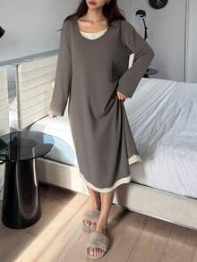 DAZY 极简撞色二合一宽松中长款女士睡裙 - 灰色 - 查看 8