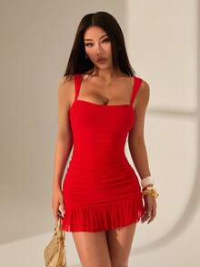 SHEIN PETITE Vestido mini ajustado de malla con fruncido de unicolor elegante para mujer - Rojo - Ver 5