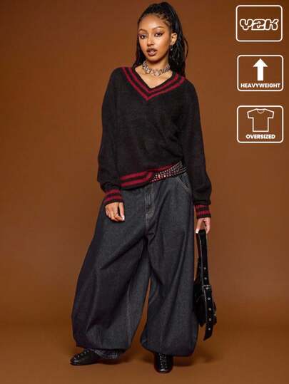 COUREZ Suéter Oversized de Decote em V Quadrado / Tops Y2K de Outono e Inverno para Mulheres, Top de Inverno para Sair, Tops Fofos Casuais para Descanso, Confortáveis, Novos Anos