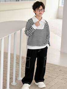 SHEIN Little Byeori 两件套男童黑白条纹半拉链卫衣，保暖舒适，适合户外、上学、日常穿着，秋冬季节适用。 - 黑與白 - 查看 8