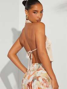 Hauture Solid Fashion Sexy Halter Neck Tie Backless Top - Khaki - View 2