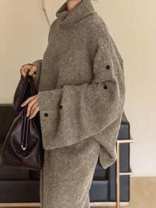 Dazy-Less Women's Fashion Turtleneck Sweater & Long Skirt 2 Pieces Set - Khaki - View 1