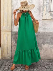 Brillora Women's Casual Green Smock Halter Maxi Dress With Frill Hem Sleeveless Design Green Beach Dress Women Vacation Dress Green Summer Dress Women - Green - View 9