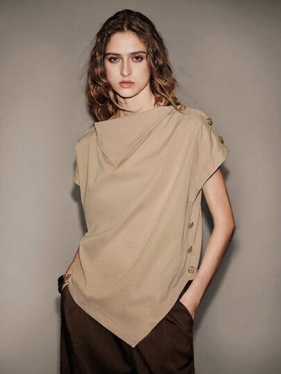 Lumivelle Women's Asymmetrical Collar Button Decor Loose Casual Business Versatile Shirt, Spring/Summer Asymmetrical Top Khaki Top Earthy Tops Asymmetrical Blouse Metal Decorative Buckle