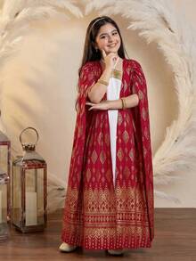 SHEIN Tween Girl Gold Foil Print Round Neck Dress - White - View 9