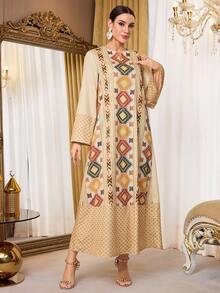 Al Najma Women's Geometric Print Long Sleeve Loose Casual Arabic Style Dress Kaftan Jalabiya Dress - Brown - View 3