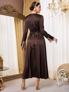 Al Najma Women's Elegant Waist Tie Arabic Style Dress - Brown - View 6