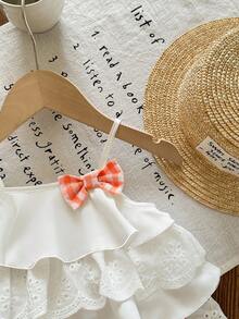 Babygirl Summer Cute Vacation Ruffle Camisole Top And Plaid Shorts Set - Orange - View 3