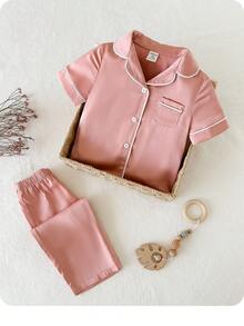 两件套可爱女婴休闲简约短袖衬衫和长裤套装，翻领设计，法式优雅淑女风，返校季，时尚街头风，母女亲子装 - 粉色 - 查看 2