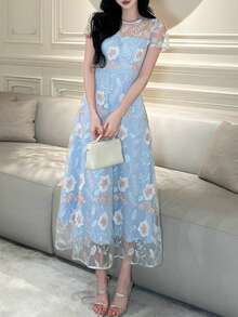 DAZY Women's Floral Pattern Sheer Elegant Dress Vacation