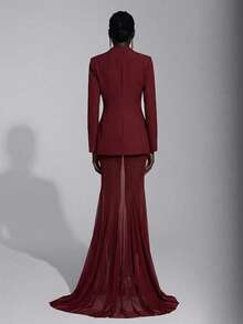 Elitara Elegant, Romantic, Sexy, Minimalist, Light Pink Blazer Silhouette Jacket And Fishtail Ruffle Hem Maxi Skirt Set, Fashionable, Influencer Style, Suitable For Holidays, Vacations, Birthday Parties, Weddings, Formal Dinners - Burgundy - View 2