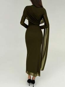 Aloruh Women's Elegant Ruffle Tie Long Dress, Autumn - Army Green - View 2