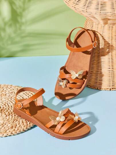 Mini mi #FairyBloom 女童金属金色 3D 蝴蝶珍珠装饰纯素皮革棕褐色绑带凉鞋 – 优雅、轻便、甜美、舒适。