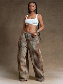 Denimoi Wide Barrel Leg Unique Washed Denim Jeans Fashionable Streetwear - Medium Wash - View 4