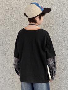 DAZY 青少年男童休闲格子拼接长袖T恤，秋季 - 黑色 - 查看 6