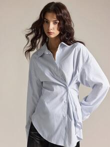 Easelle 女士蓝色条纹梭织宽松长袖休闲衬衫 - 淺藍色 - 查看 8