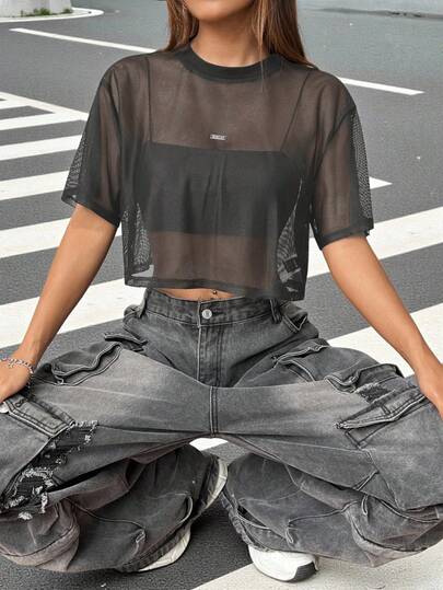 SHEIN EZwear Kadın Yaz Modası Şeffaf File Kısa Kollu Crop File Bluz Transparan Üst