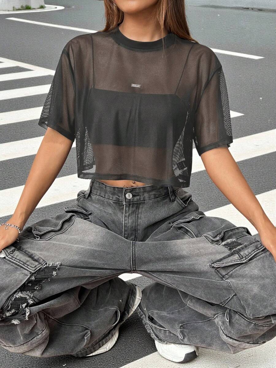 SHEIN EZwear Áo croptop ngắn tay bằng vải lưới xuyên thấu thời trang mùa hè dành cho nữ. - Xám - Xem 1