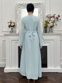 Yasmyna Conservative & Elegant 3D Floral Women Arabic Style Dress  Dusty Blue Dress Baby Blue Elegant Dress Butterfly Dress Light Blue Long Dress - Green - View 7