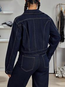 Jeanoix Y2K 时尚休闲口袋牛仔夹克 - 深色水洗藍 - 查看 2