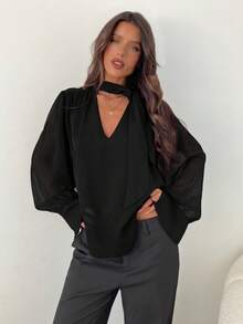 Aloruh Women's Elegant Commuter Chiffon Deep V-Neck Tie Long Sleeve Blouse
